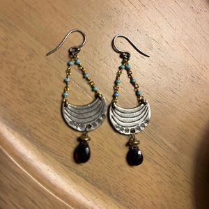 Sundance Turquoise, gold, silver and garnet Chandelier earrings.